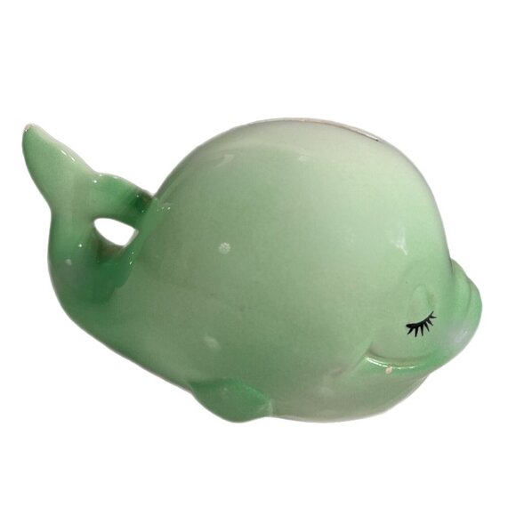 Ceramic Pottery Green Whale Coin Savings Bank with Plug Eyelashes Taiwan HTF - Picture 4 of 12